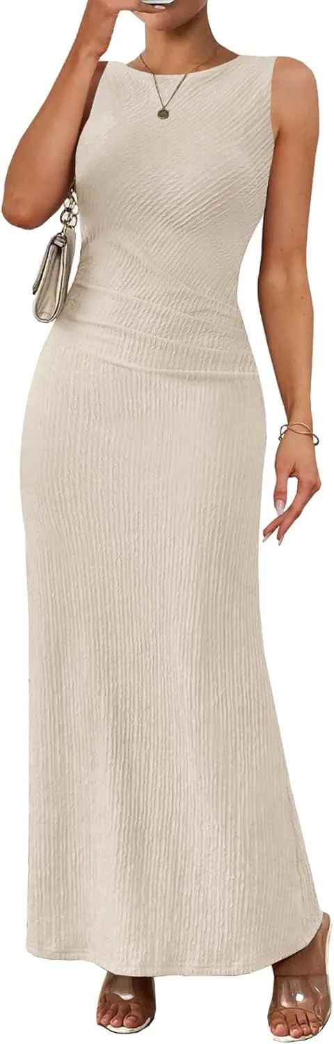 MITILLY Summer Formal Maxi Dresses for Women 2025 Sleeveless Crew Neck Textured Ruched Bodycon Elegant Wedding Guest Dress