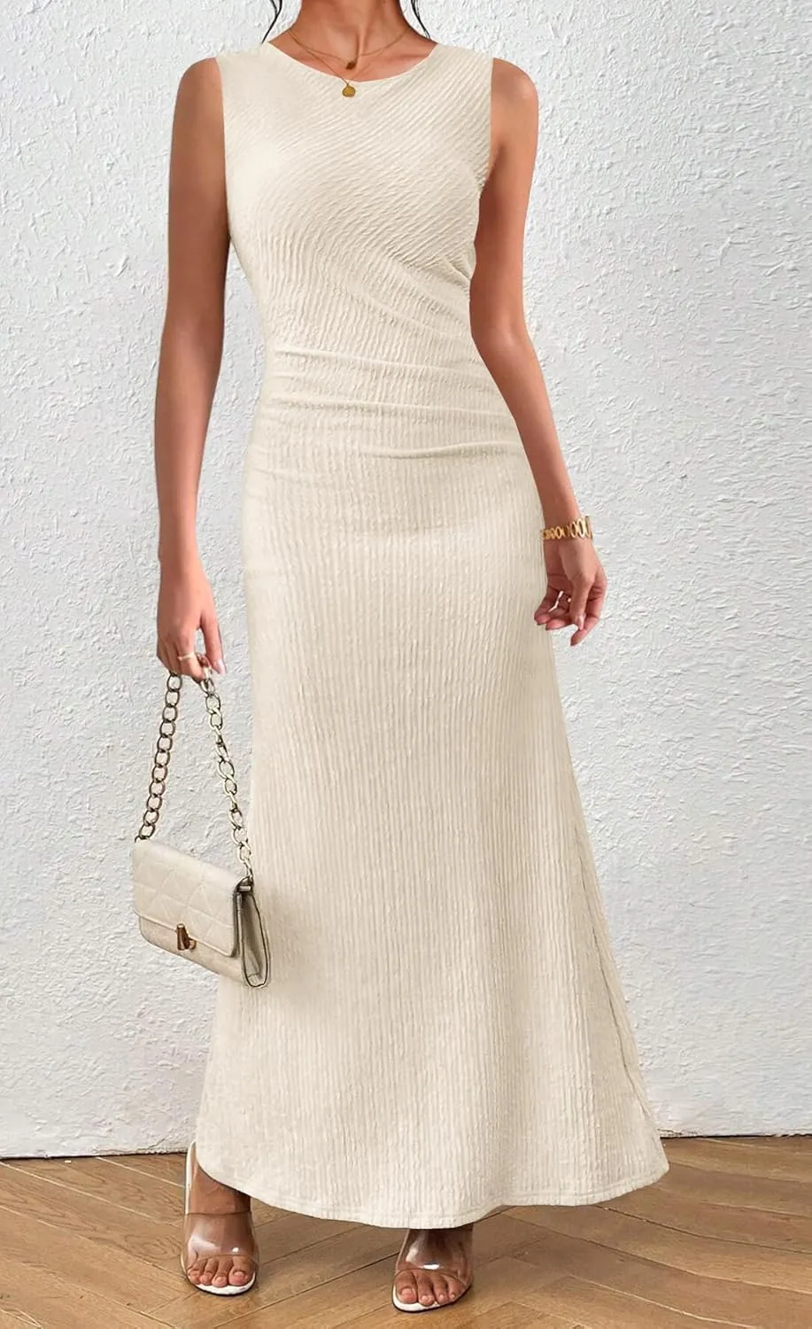 MITILLY Summer Formal Maxi Dresses for Women 2025 Sleeveless Crew Neck Textured Ruched Bodycon Elegant Wedding Guest Dress
