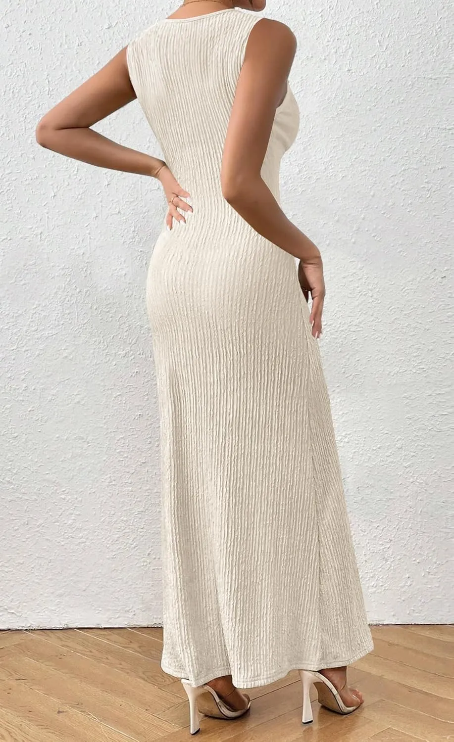 MITILLY Summer Formal Maxi Dresses for Women 2025 Sleeveless Crew Neck Textured Ruched Bodycon Elegant Wedding Guest Dress