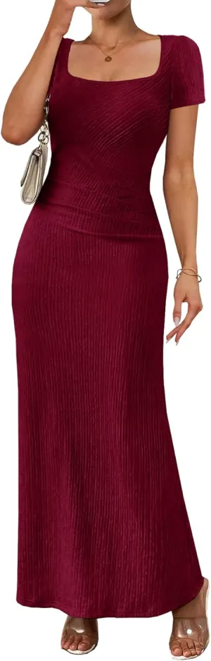 MITILLY Summer Formal Wedding Guest Dress Short Sleeve Elegant Ruched Bodycon Maxi Dress for Women Cocktail Party