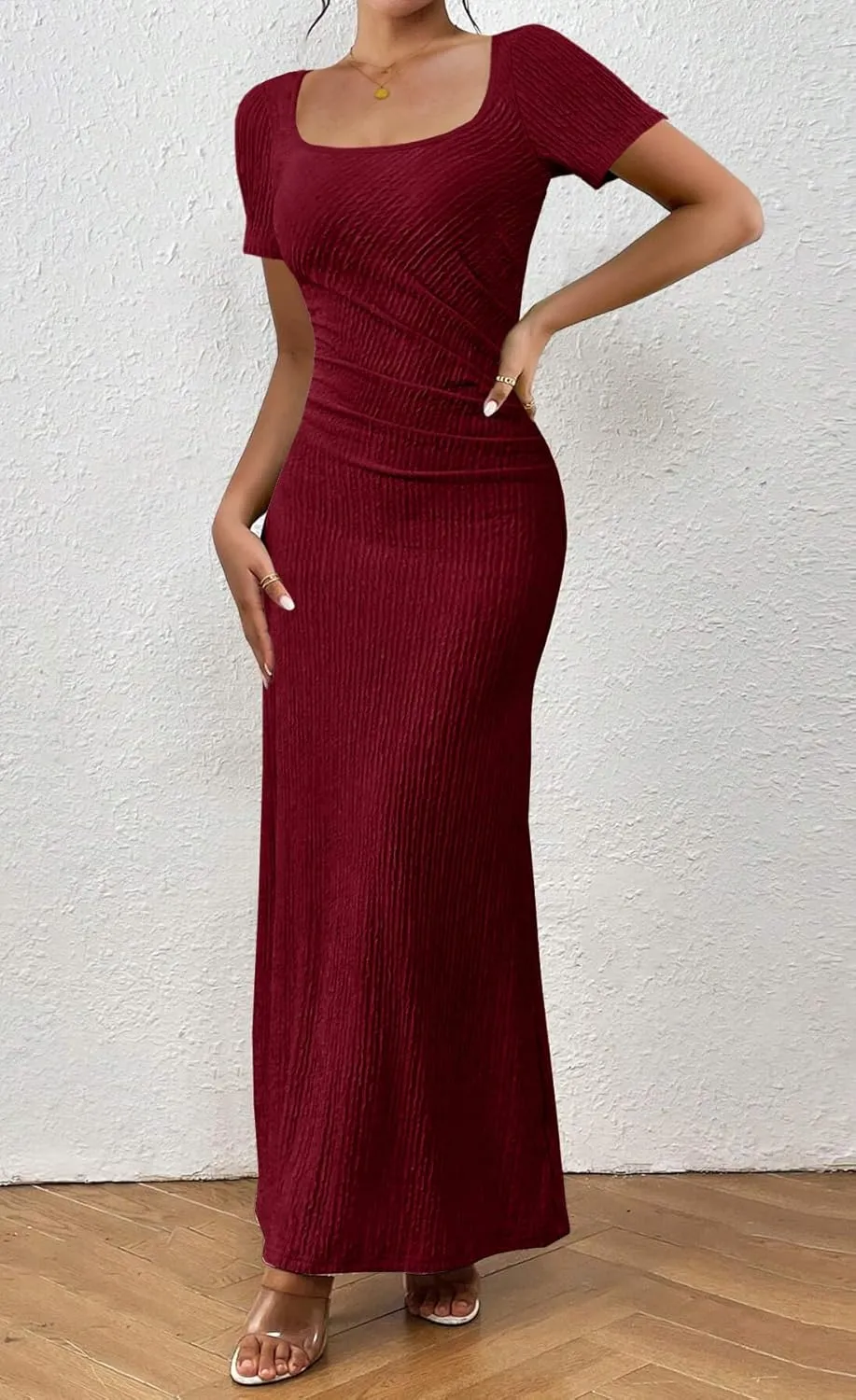 MITILLY Summer Formal Wedding Guest Dress Short Sleeve Elegant Ruched Bodycon Maxi Dress for Women Cocktail Party