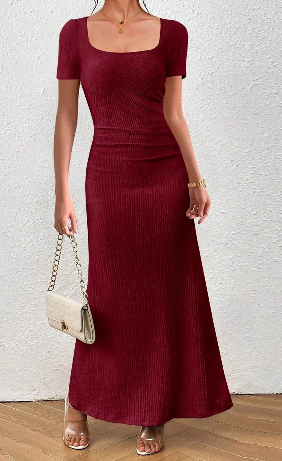 MITILLY Summer Formal Wedding Guest Dress Short Sleeve Elegant Ruched Bodycon Maxi Dress for Women Cocktail Party