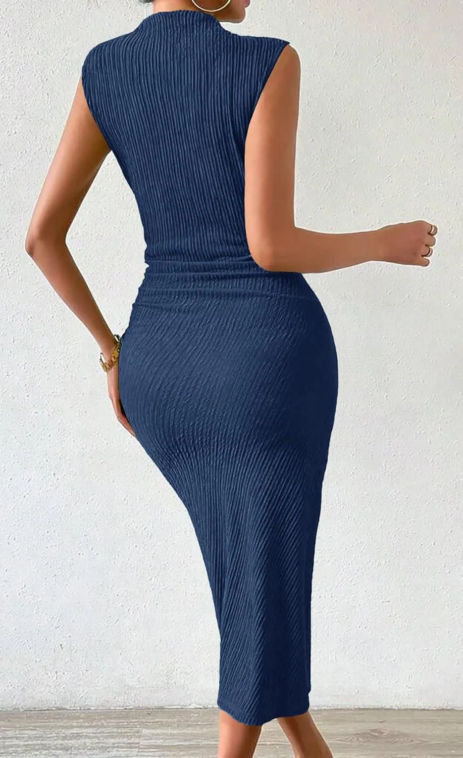 MITILLY Women Summer Formal Wedding Guest Dress Elegant High Neck Sleeveless Ruched Bodycon Midi Dress with Side Slit