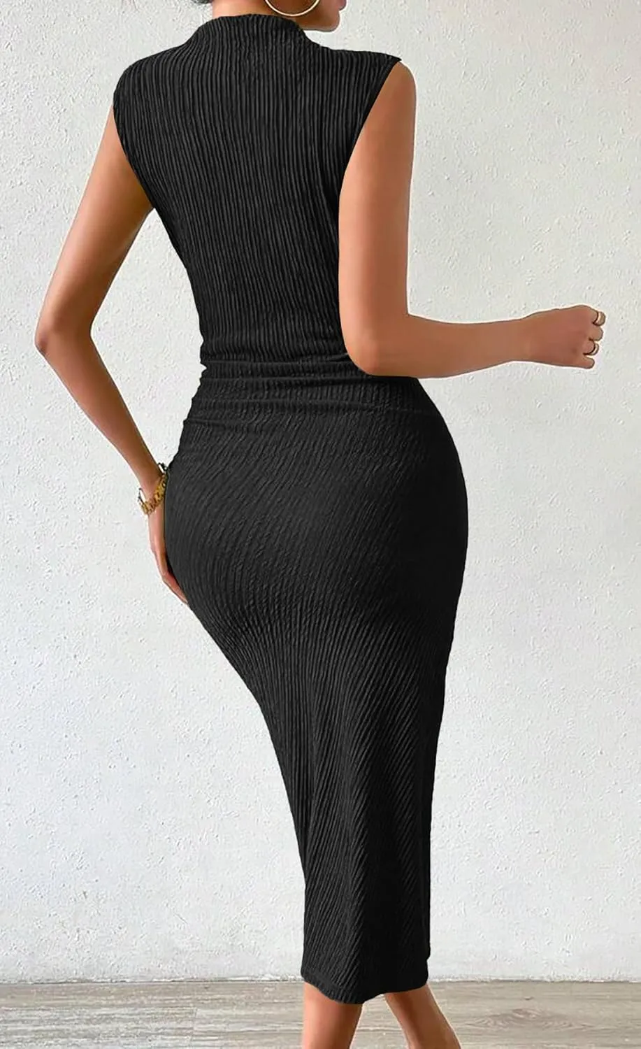 MITILLY Women Summer Formal Wedding Guest Dress Elegant High Neck Sleeveless Ruched Bodycon Midi Dress with Side Slit