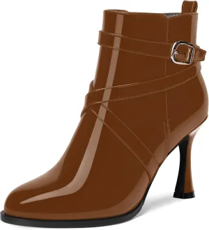 MODENCOCO Womens Dress Patent Ankle Strap Buckle Round Toe Zip Wedding Stiletto High Heel Ankle High Boots 3.3 Inch
