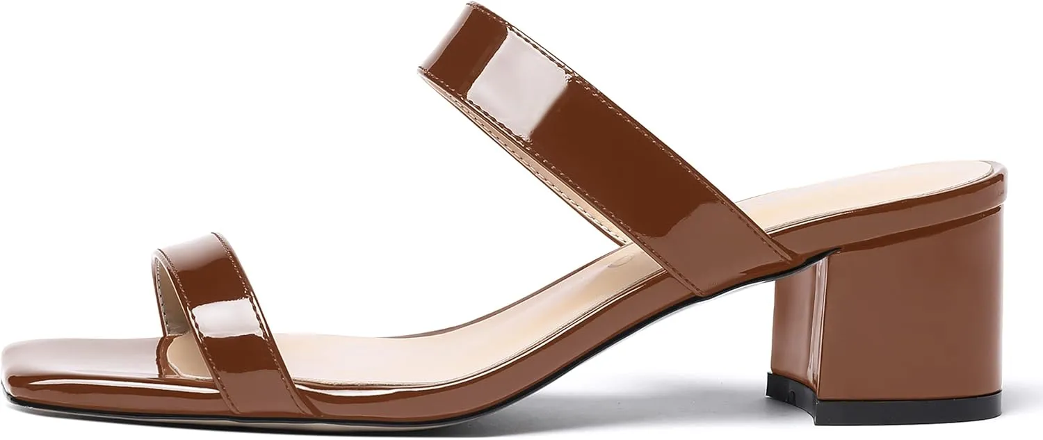 MODENCOCO Women's Open Toe Casual Dating Slip On Patent Square Toe Chunky Low Heel Sandals 2 Inch