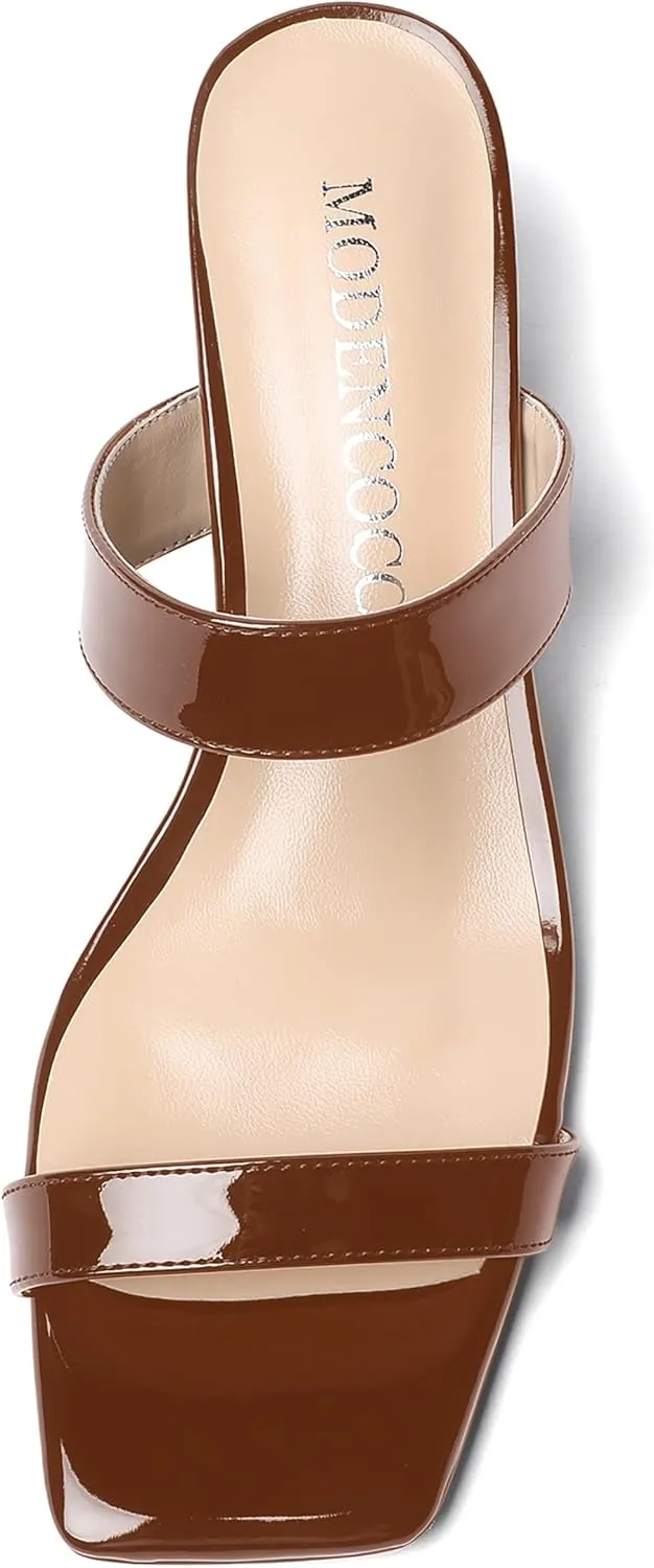 MODENCOCO Women's Open Toe Casual Dating Slip On Patent Square Toe Chunky Low Heel Sandals 2 Inch