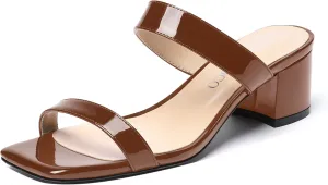 MODENCOCO Women's Open Toe Casual Dating Slip On Patent Square Toe Chunky Low Heel Sandals 2 Inch