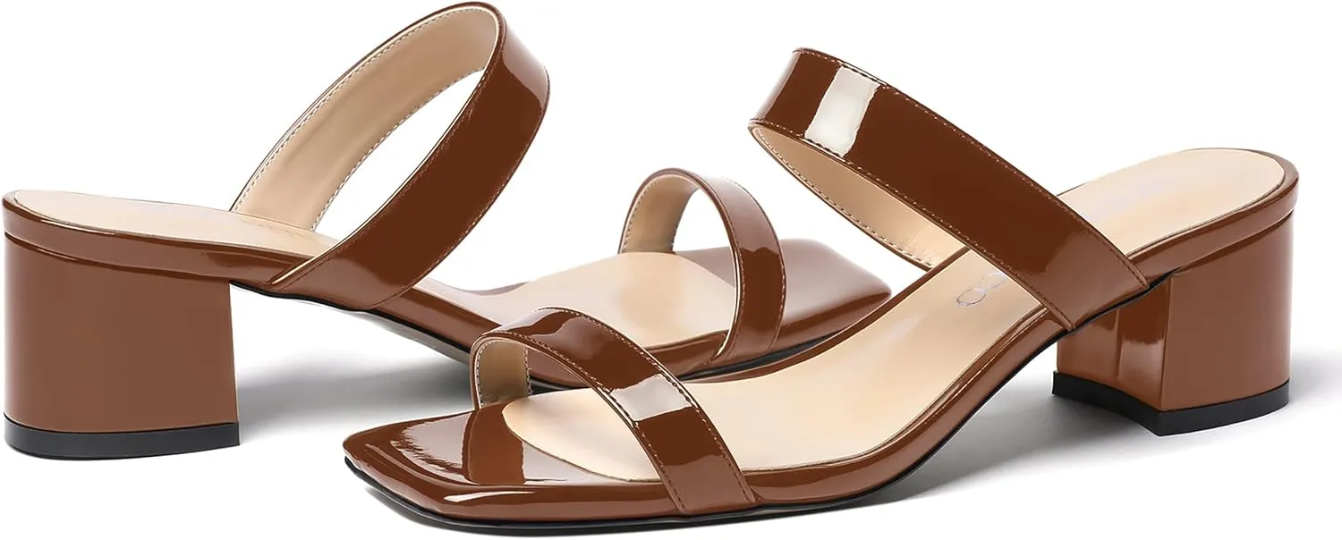 MODENCOCO Women's Open Toe Casual Dating Slip On Patent Square Toe Chunky Low Heel Sandals 2 Inch