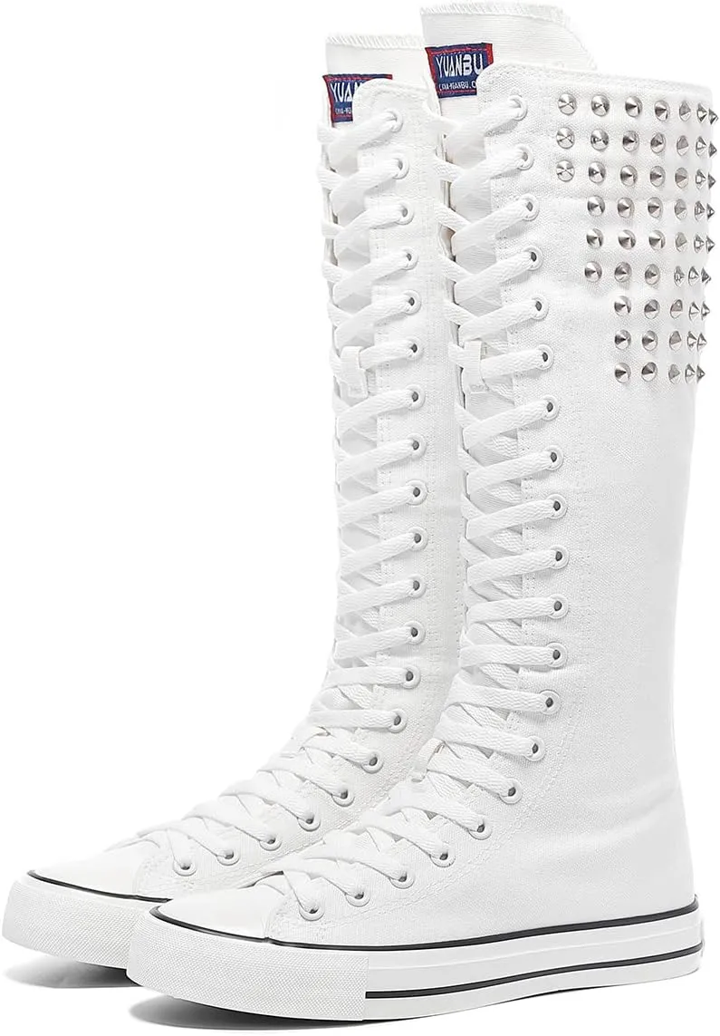 Momuk Women's Knee High Lace Up Zip Fashion Dancing Canvas Boots