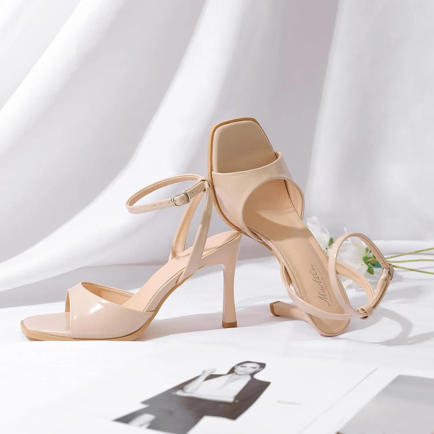 Mostrin Heels for Women Square Open Toe Heeled Sandals Ankle Strap Sexy Peep Toe High Heels for Party, Prom, Wedding Dressy Pumps Shoes
