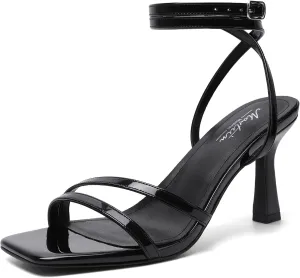 Mostrin Womens Sandals Strappy Heels for Women Ankle Strap Lace Up Heels Square Open Toe Heels Tie Up Stiletto High Heeled Sandals for Prom, Party, Daily Wear