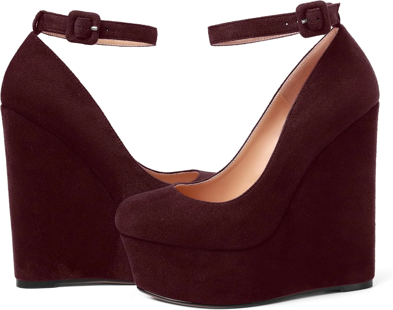 MOVINSTEPS Womens Buckle Fashion Ankle Strap Platform Solid Party Round Toe Suede Wedge High Heel Pumps Shoes 6 Inch