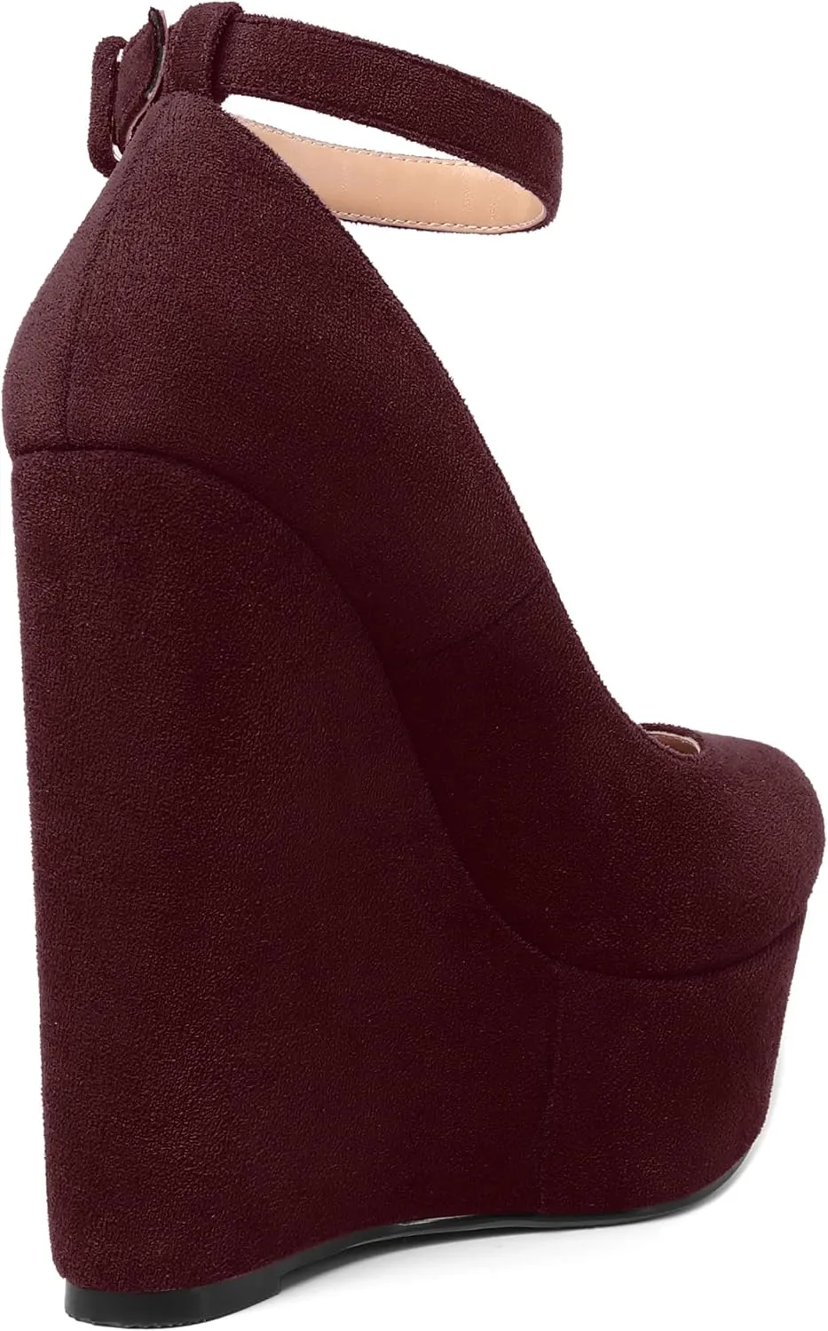 MOVINSTEPS Womens Buckle Fashion Ankle Strap Platform Solid Party Round Toe Suede Wedge High Heel Pumps Shoes 6 Inch