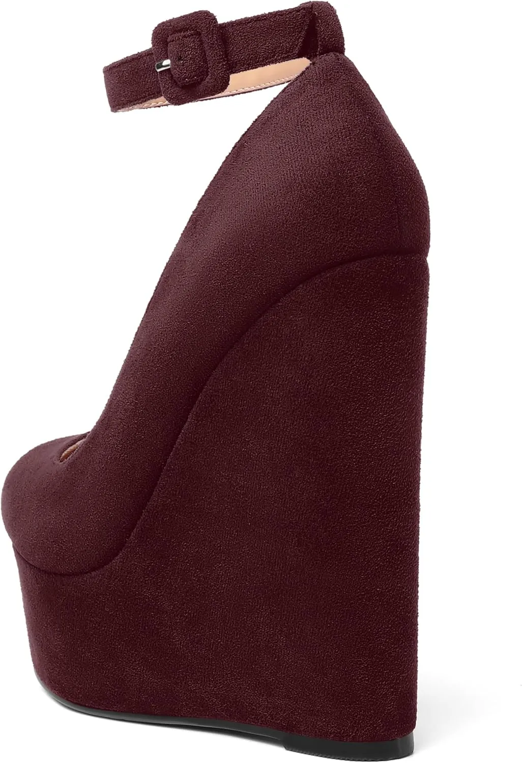 MOVINSTEPS Womens Buckle Fashion Ankle Strap Platform Solid Party Round Toe Suede Wedge High Heel Pumps Shoes 6 Inch