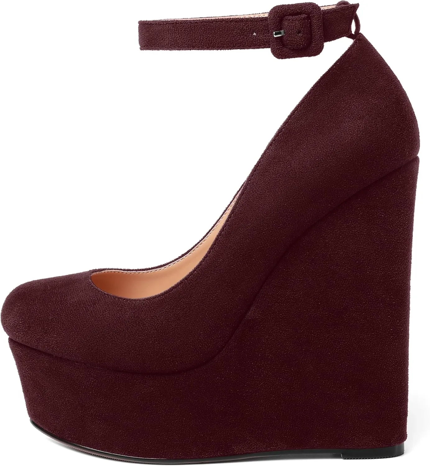 MOVINSTEPS Womens Buckle Fashion Ankle Strap Platform Solid Party Round Toe Suede Wedge High Heel Pumps Shoes 6 Inch