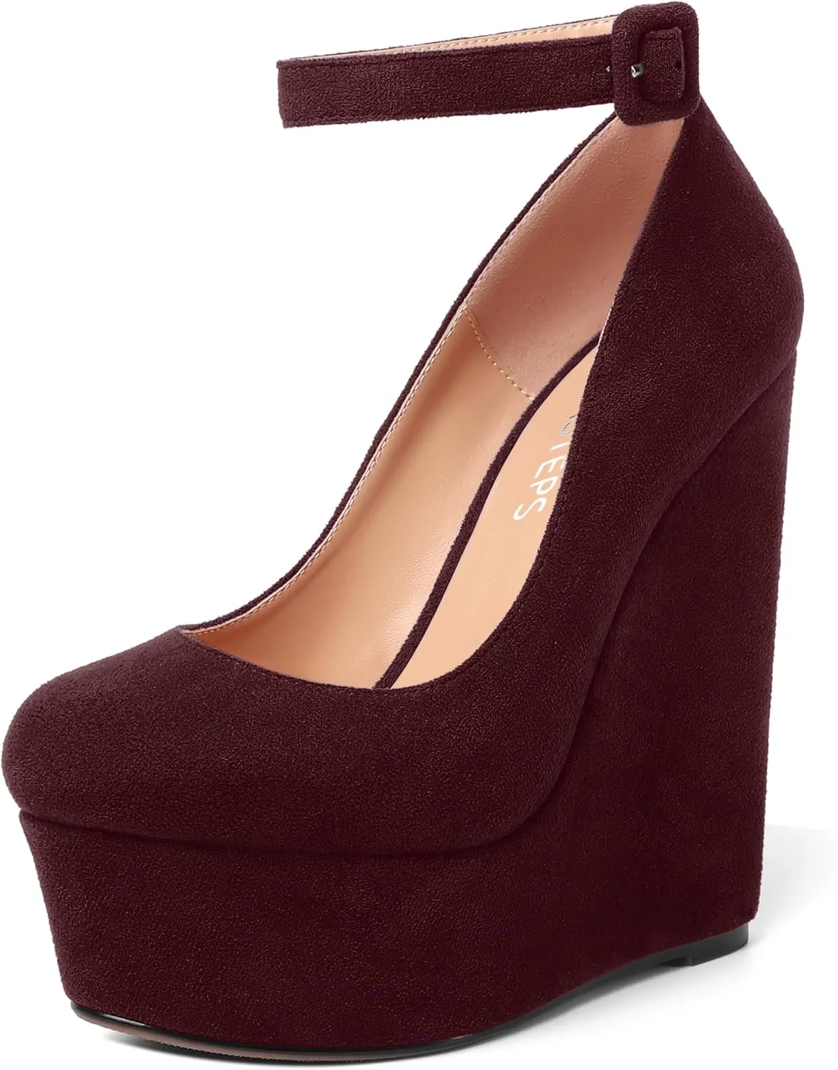 MOVINSTEPS Womens Buckle Fashion Ankle Strap Platform Solid Party Round Toe Suede Wedge High Heel Pumps Shoes 6 Inch
