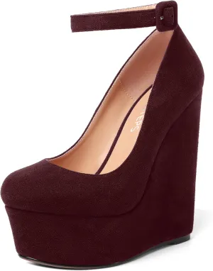 MOVINSTEPS Womens Buckle Fashion Ankle Strap Platform Solid Party Round Toe Suede Wedge High Heel Pumps Shoes 6 Inch