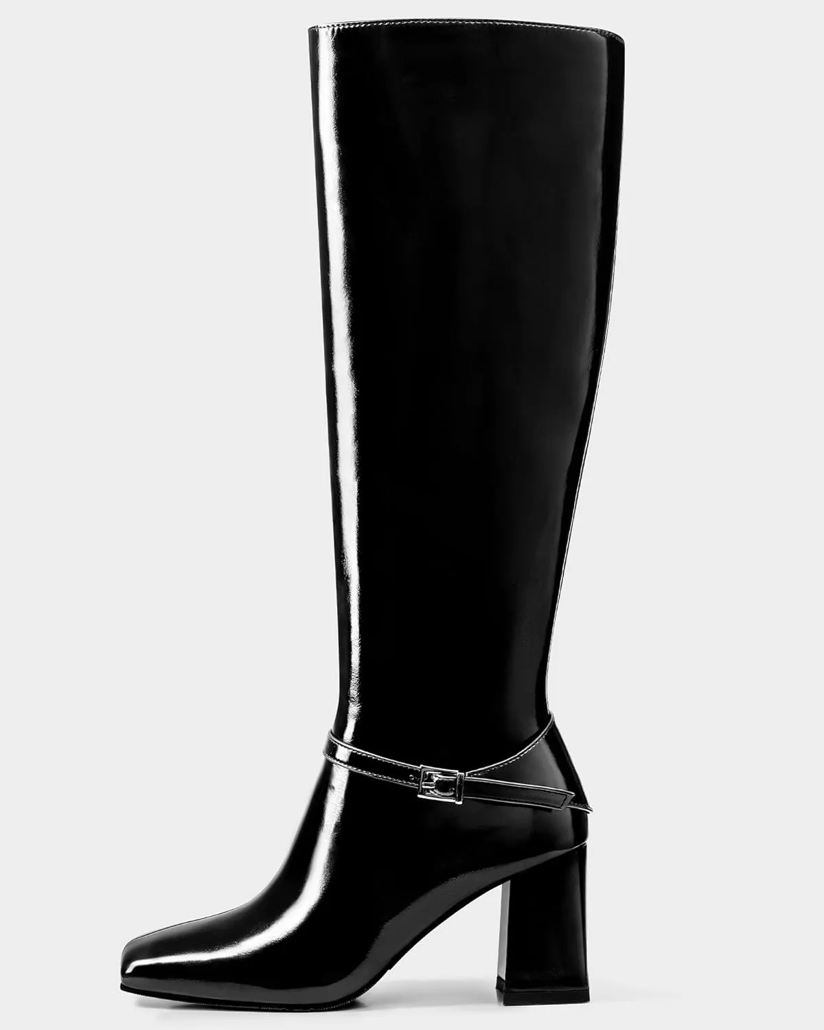 MUCCCUTE Knee High Boots for Women - Black/Brown Square Toe Chunky Heel Tall Boots Faux Leather Long Boots with Detachable Ankle Straps