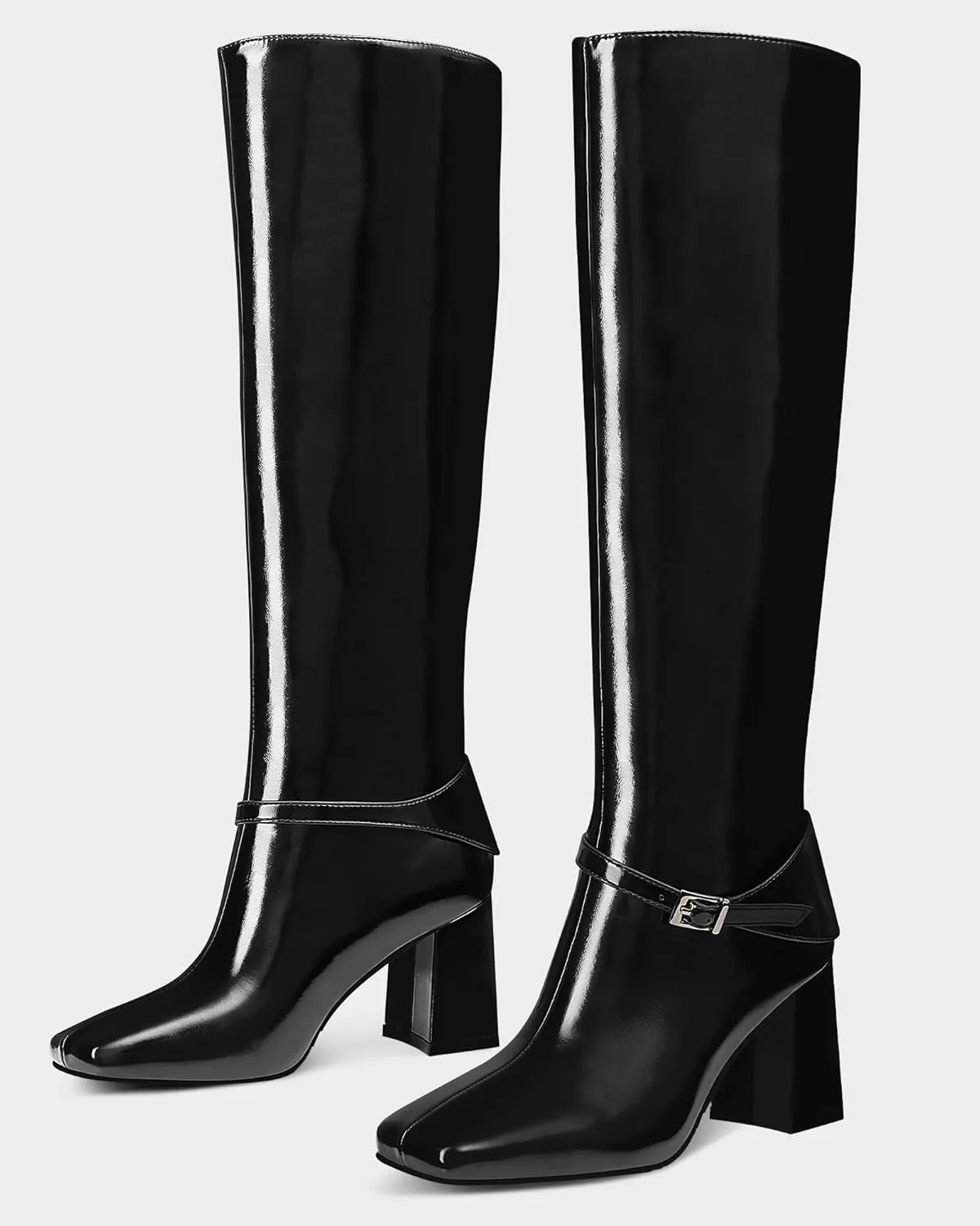 MUCCCUTE Knee High Boots for Women - Black/Brown Square Toe Chunky Heel Tall Boots Faux Leather Long Boots with Detachable Ankle Straps