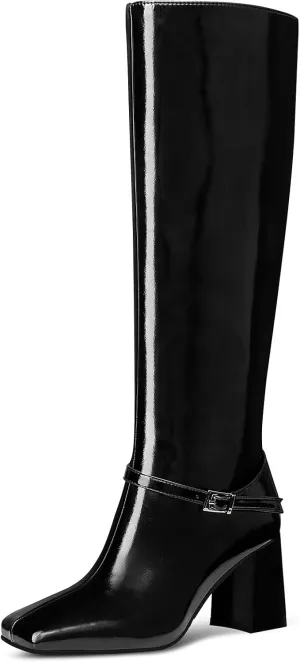 MUCCCUTE Knee High Boots for Women - Black/Brown Square Toe Chunky Heel Tall Boots Faux Leather Long Boots with Detachable Ankle Straps