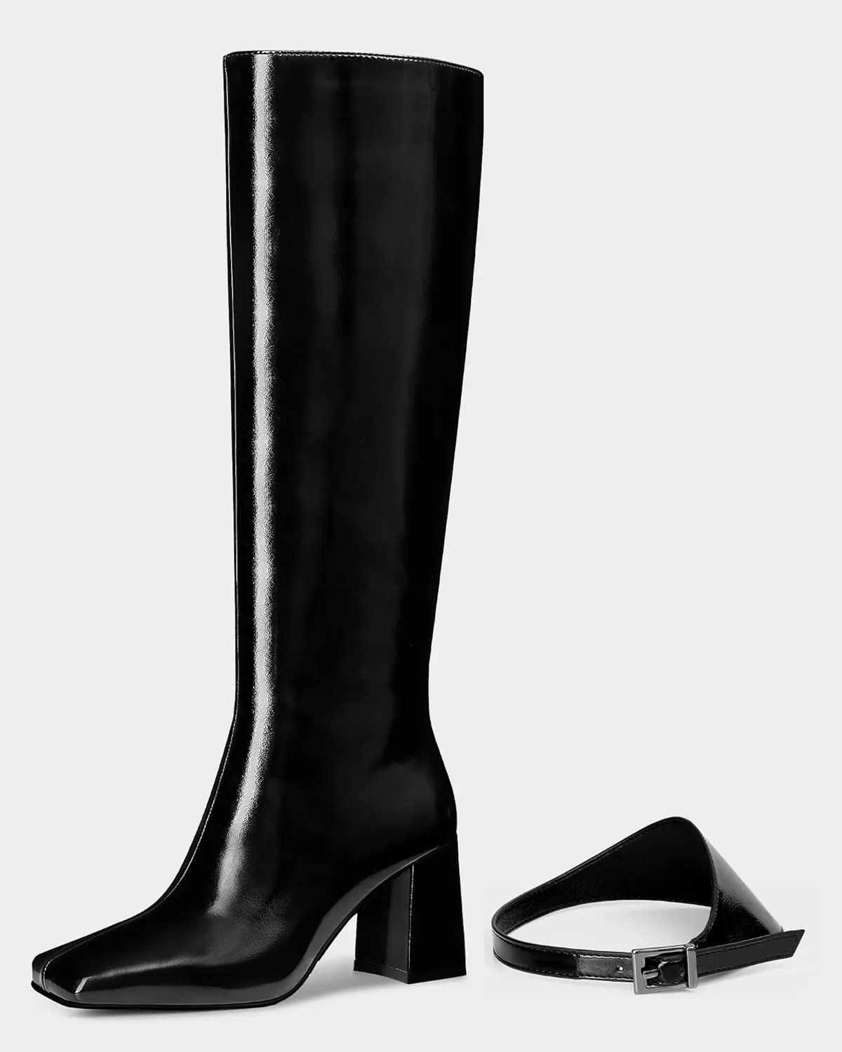 MUCCCUTE Knee High Boots for Women - Black/Brown Square Toe Chunky Heel Tall Boots Faux Leather Long Boots with Detachable Ankle Straps
