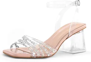 mysoft Women's Clear Heels Low Chunky Heel Open Toe Transparent Zebra Rhinestones Block Heeled Sandals Ankle Strap Shoes