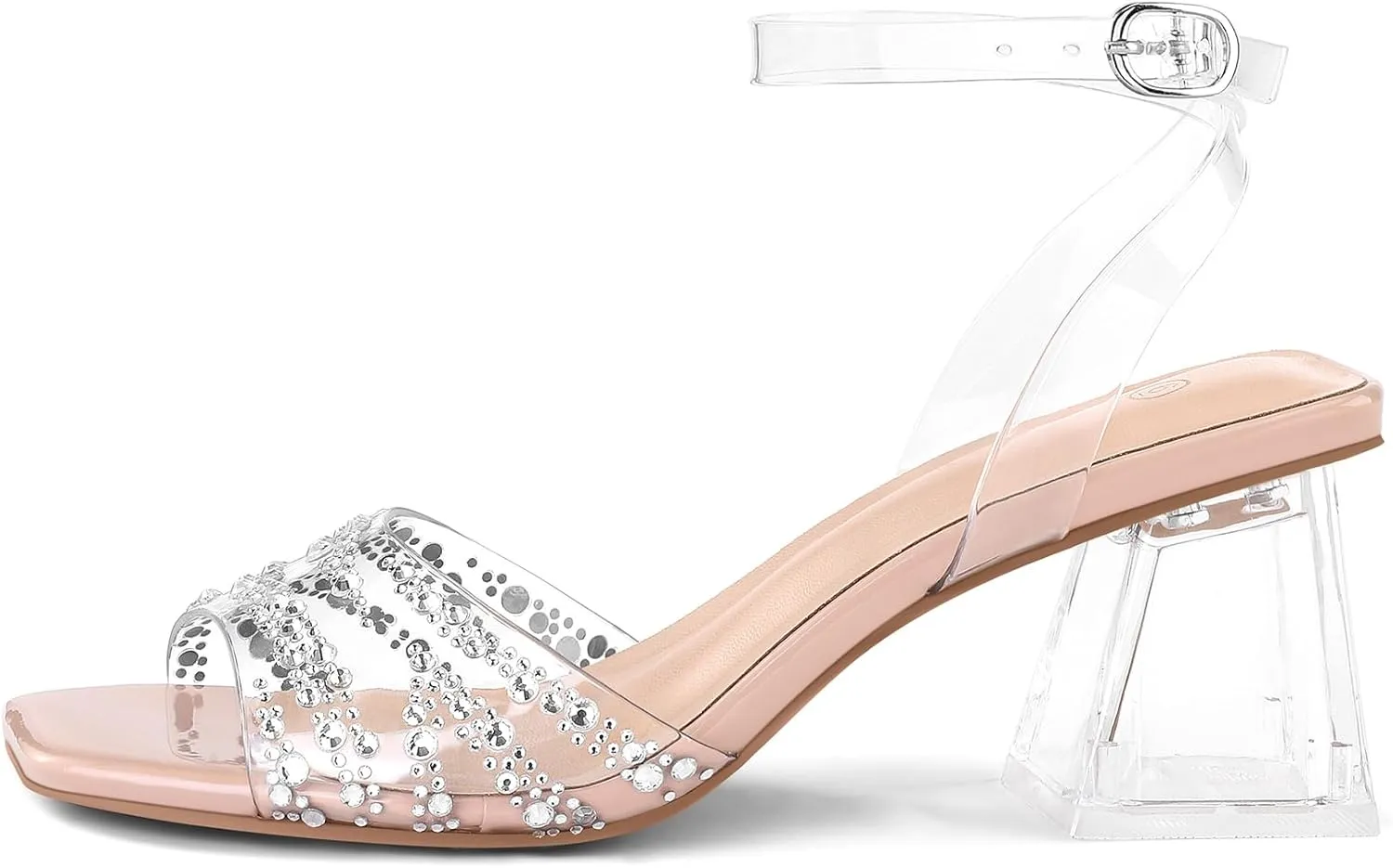 mysoft Women's Clear Heels Low Chunky Heel Open Toe Transparent Zebra Rhinestones Block Heeled Sandals Ankle Strap Shoes