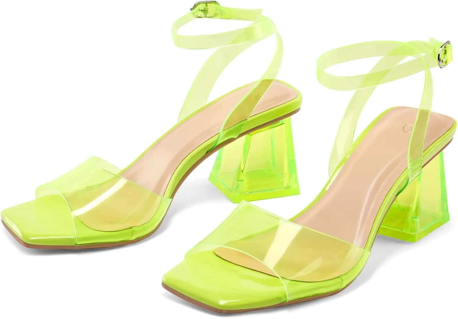mysoft Women's Clear Heels Low Chunky Heel Open Toe Transparent Zebra Rhinestones Block Heeled Sandals Ankle Strap Shoes