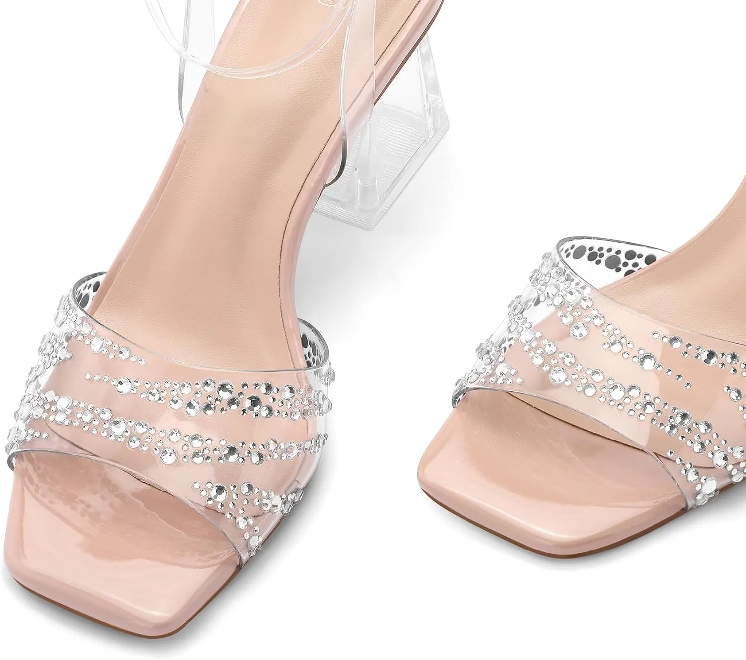 mysoft Women's Clear Heels Low Chunky Heel Open Toe Transparent Zebra Rhinestones Block Heeled Sandals Ankle Strap Shoes