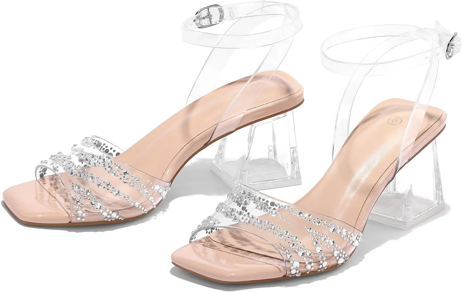 mysoft Women's Clear Heels Low Chunky Heel Open Toe Transparent Zebra Rhinestones Block Heeled Sandals Ankle Strap Shoes