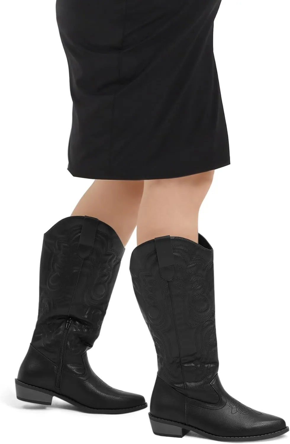 mysoft Women's Wide Calf Cowboy Boots Pull on Cowgirl Embroidered Mid Calf Pointed Toe Chunky Heel Western Boots