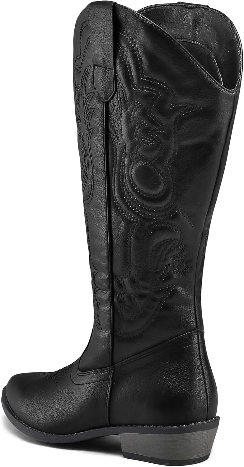 mysoft Women's Wide Calf Cowboy Boots Pull on Cowgirl Embroidered Mid Calf Pointed Toe Chunky Heel Western Boots