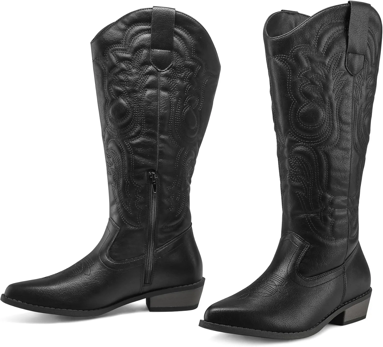 mysoft Women's Wide Calf Cowboy Boots Pull on Cowgirl Embroidered Mid Calf Pointed Toe Chunky Heel Western Boots
