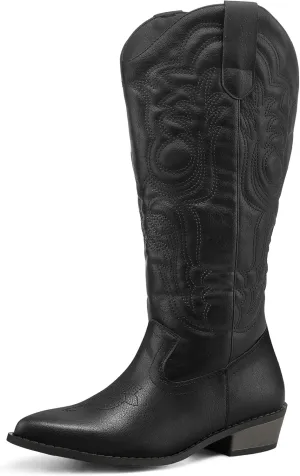 mysoft Women's Wide Calf Cowboy Boots Pull on Cowgirl Embroidered Mid Calf Pointed Toe Chunky Heel Western Boots
