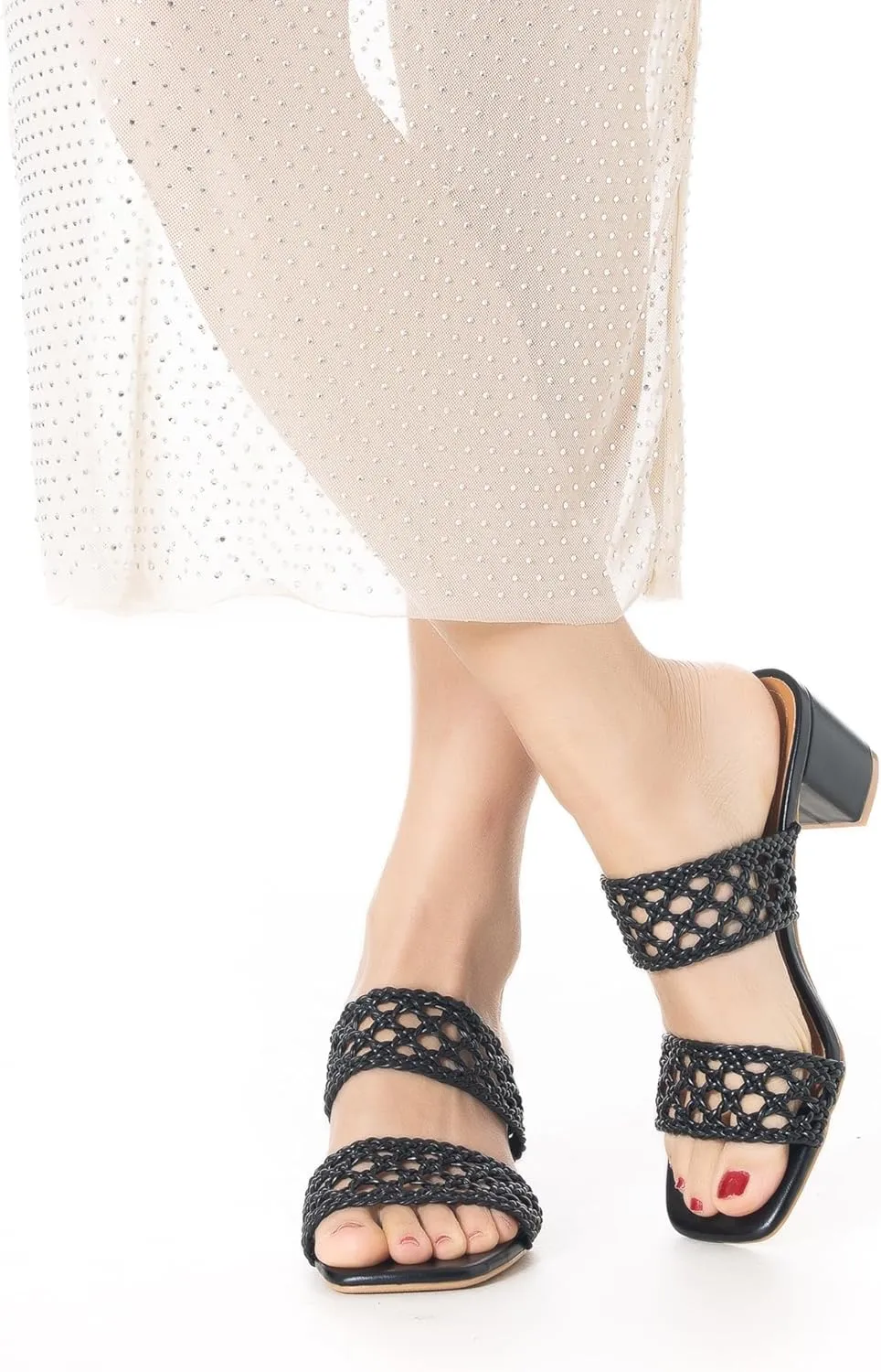 N.N.G Women Heels Sandals Braided Block Nude Summer Chunky Square Leather Woven Comfort Strappy Dress Casual Pumps Mules