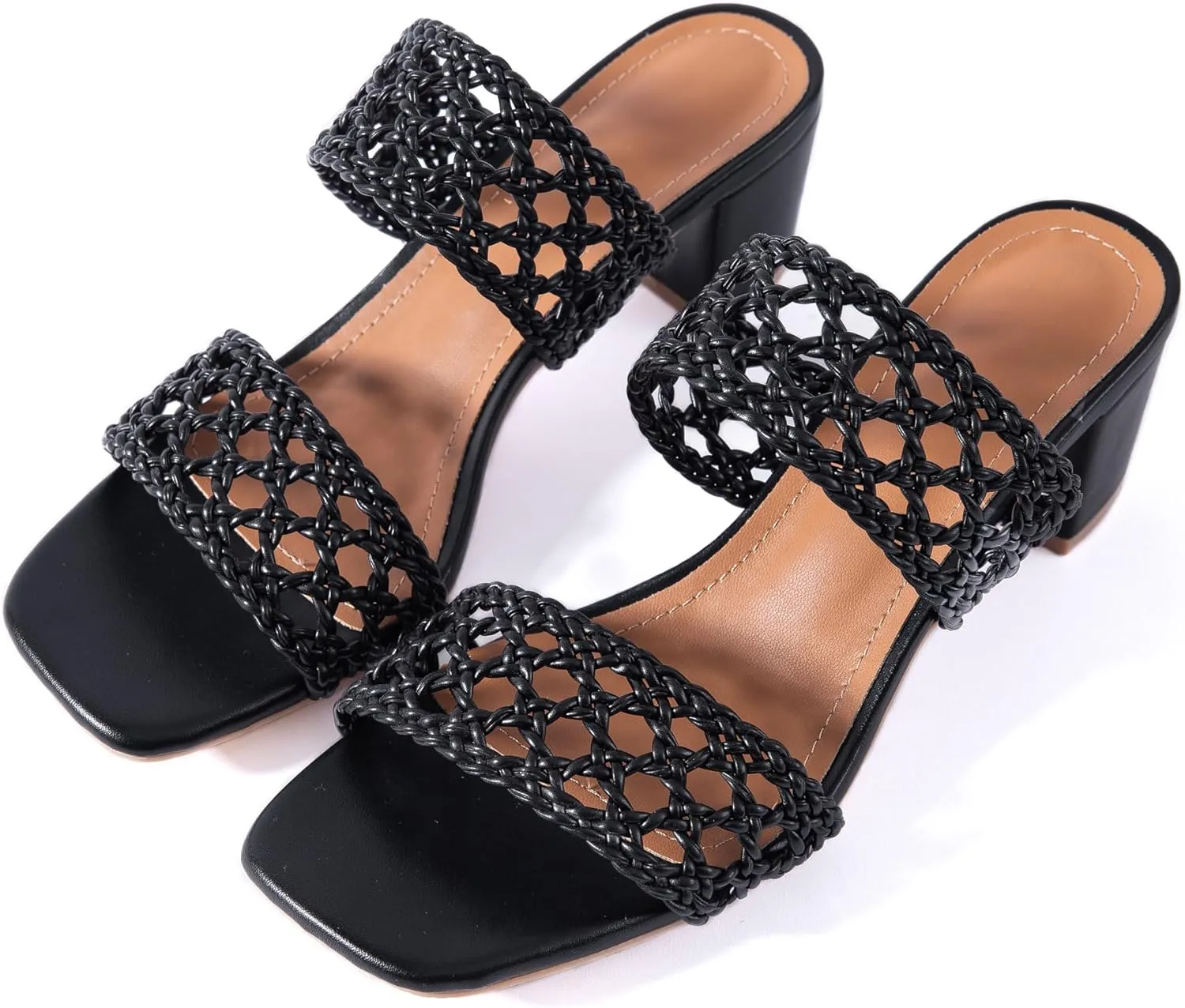 N.N.G Women Heels Sandals Braided Block Nude Summer Chunky Square Leather Woven Comfort Strappy Dress Casual Pumps Mules