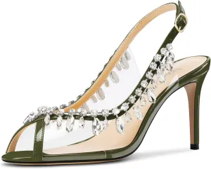 NobleOnly Womens Mid Heel Peep Open Toe Slingback Sandals Rhinestone Crystal Prom Party Sexy Summer Shoes 3.2 Inches Heels