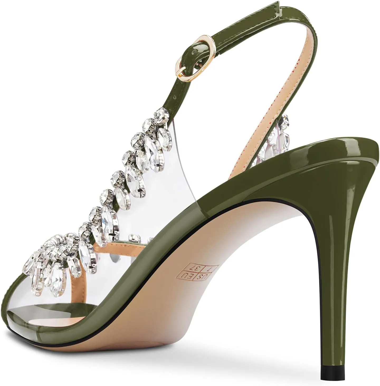 NobleOnly Womens Mid Heel Peep Open Toe Slingback Sandals Rhinestone Crystal Prom Party Sexy Summer Shoes 3.2 Inches Heels