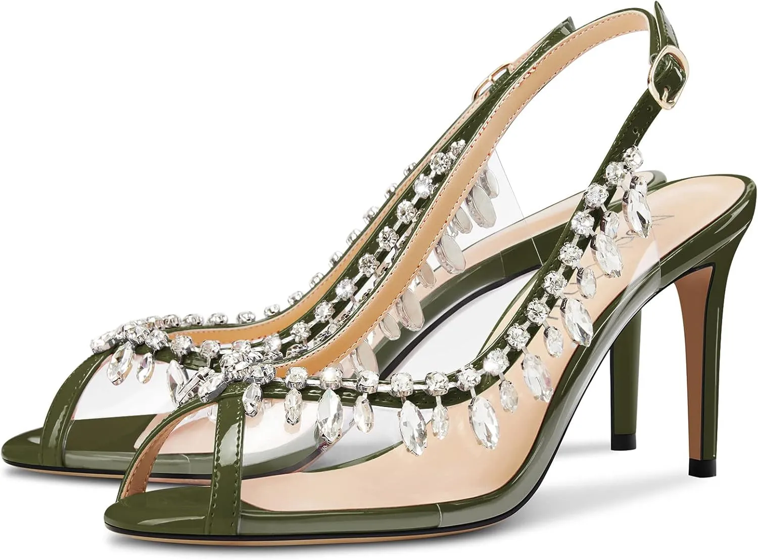 NobleOnly Womens Mid Heel Peep Open Toe Slingback Sandals Rhinestone Crystal Prom Party Sexy Summer Shoes 3.2 Inches Heels