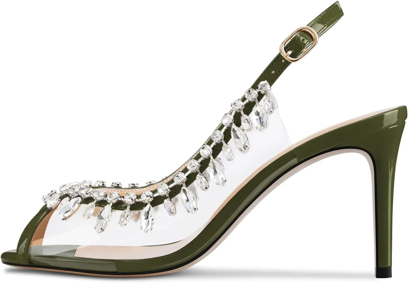 NobleOnly Womens Mid Heel Peep Open Toe Slingback Sandals Rhinestone Crystal Prom Party Sexy Summer Shoes 3.2 Inches Heels