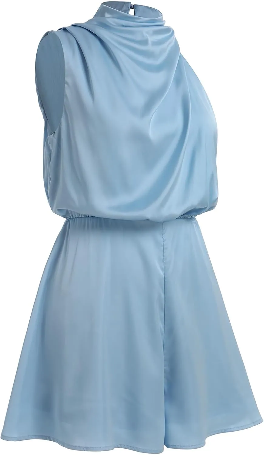 ODIZLI Women Mock Neck Satin Dresses Tie Waist Cocktail Dress Elegant Sleeveless Summer Dresses Above Knee Length