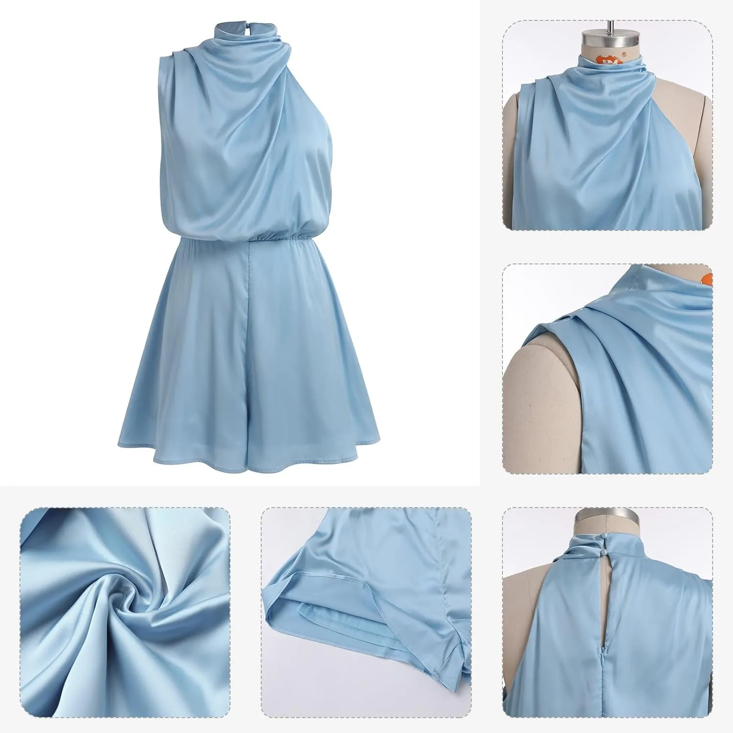 ODIZLI Women Mock Neck Satin Dresses Tie Waist Cocktail Dress Elegant Sleeveless Summer Dresses Above Knee Length