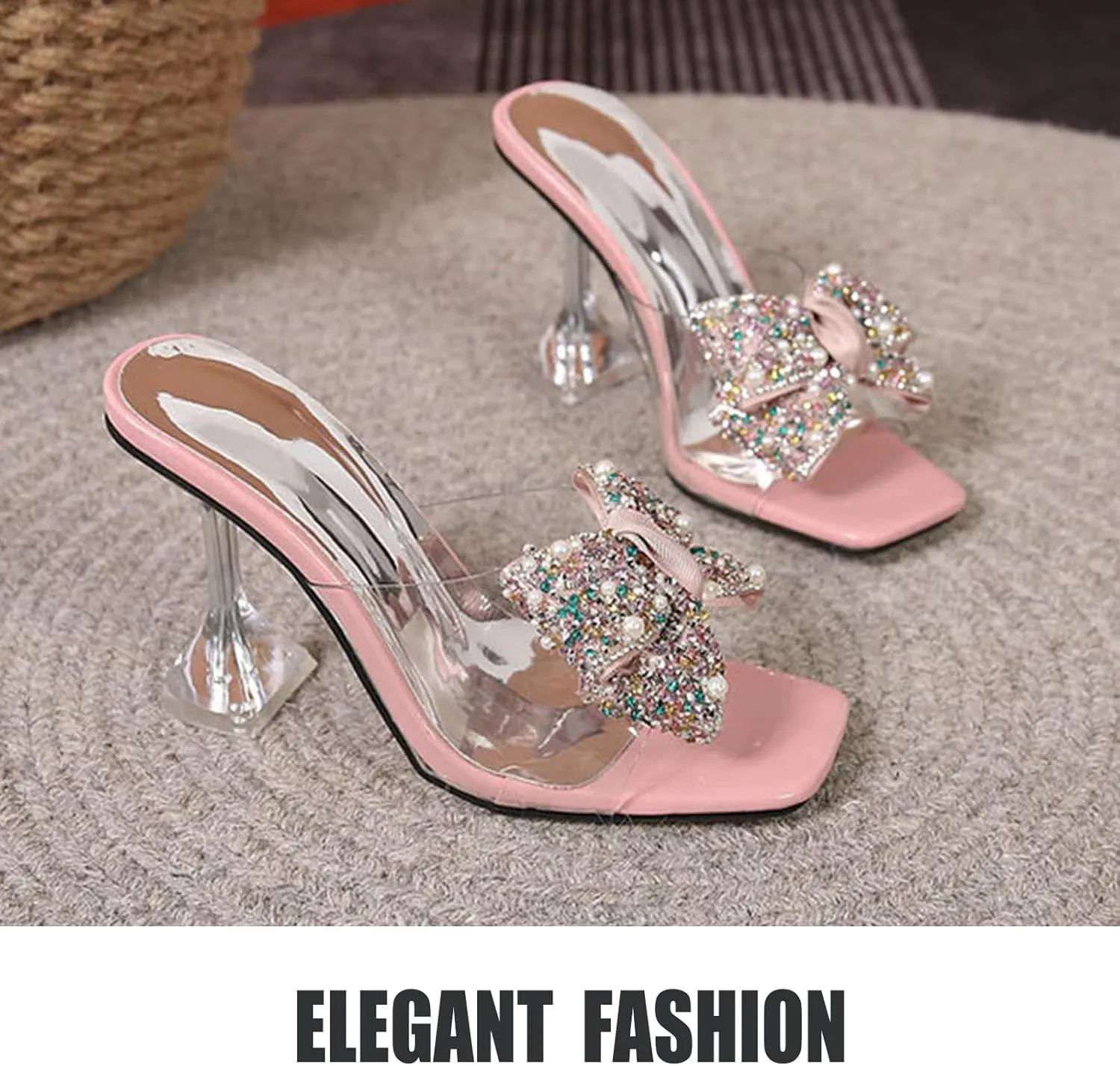 OEWHNGD Women's Pearl Bow Square Toe Stiletto Slides Sandals Elegant Rhinestones Clear High Heels Open Toe Slip On Dress Slippers for Dinner Party Prom Crystal Sandals