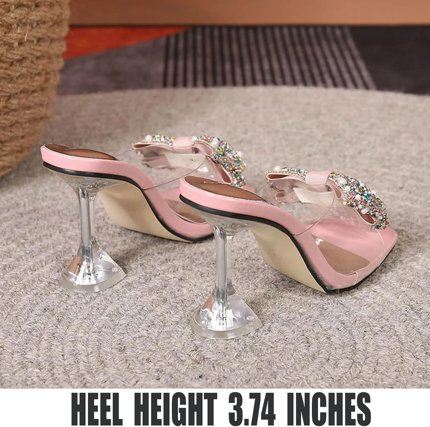 OEWHNGD Women's Pearl Bow Square Toe Stiletto Slides Sandals Elegant Rhinestones Clear High Heels Open Toe Slip On Dress Slippers for Dinner Party Prom Crystal Sandals