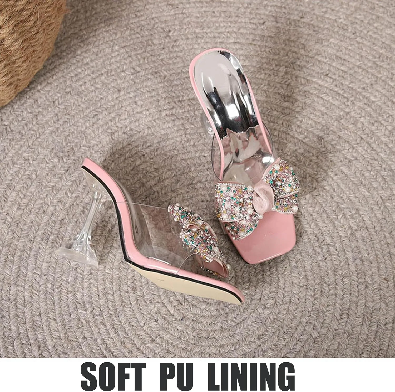 OEWHNGD Women's Pearl Bow Square Toe Stiletto Slides Sandals Elegant Rhinestones Clear High Heels Open Toe Slip On Dress Slippers for Dinner Party Prom Crystal Sandals