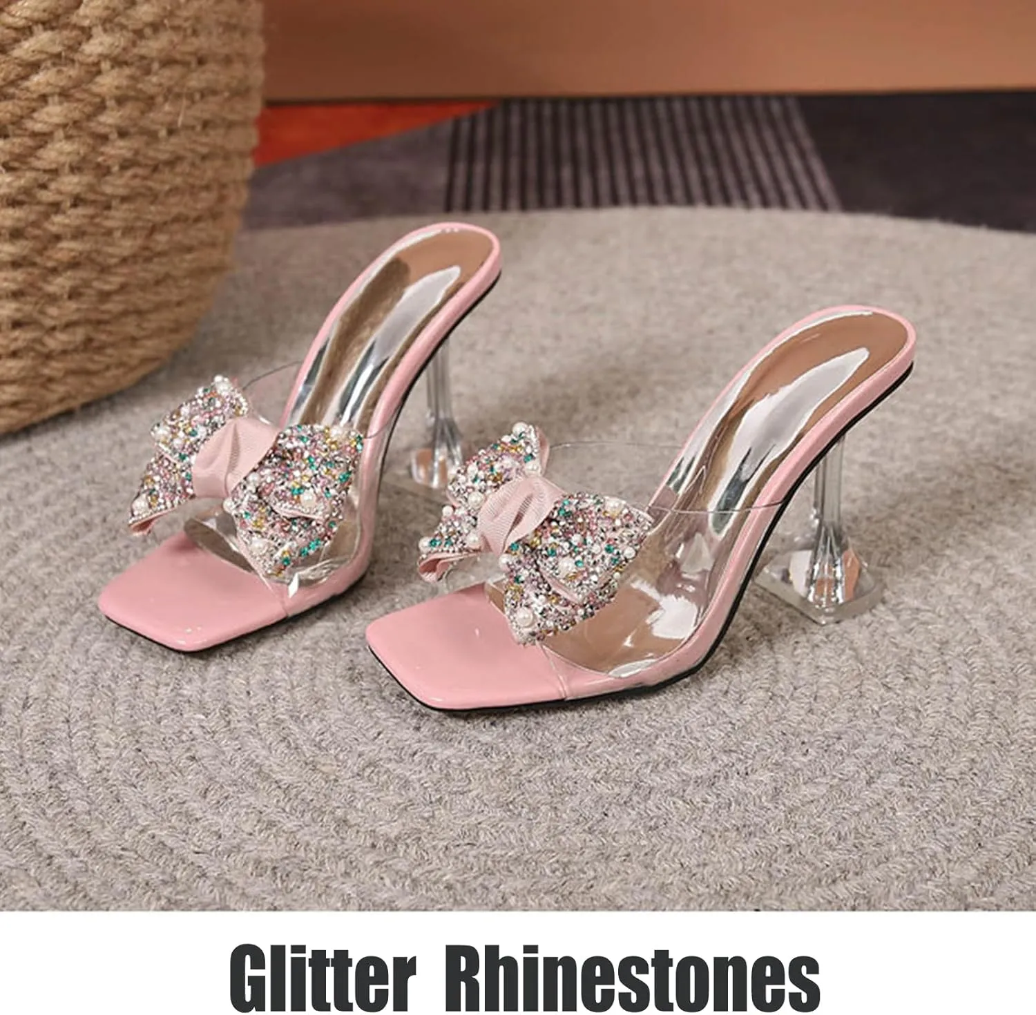 OEWHNGD Women's Pearl Bow Square Toe Stiletto Slides Sandals Elegant Rhinestones Clear High Heels Open Toe Slip On Dress Slippers for Dinner Party Prom Crystal Sandals