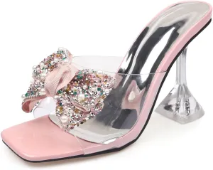 OEWHNGD Women's Pearl Bow Square Toe Stiletto Slides Sandals Elegant Rhinestones Clear High Heels Open Toe Slip On Dress Slippers for Dinner Party Prom Crystal Sandals