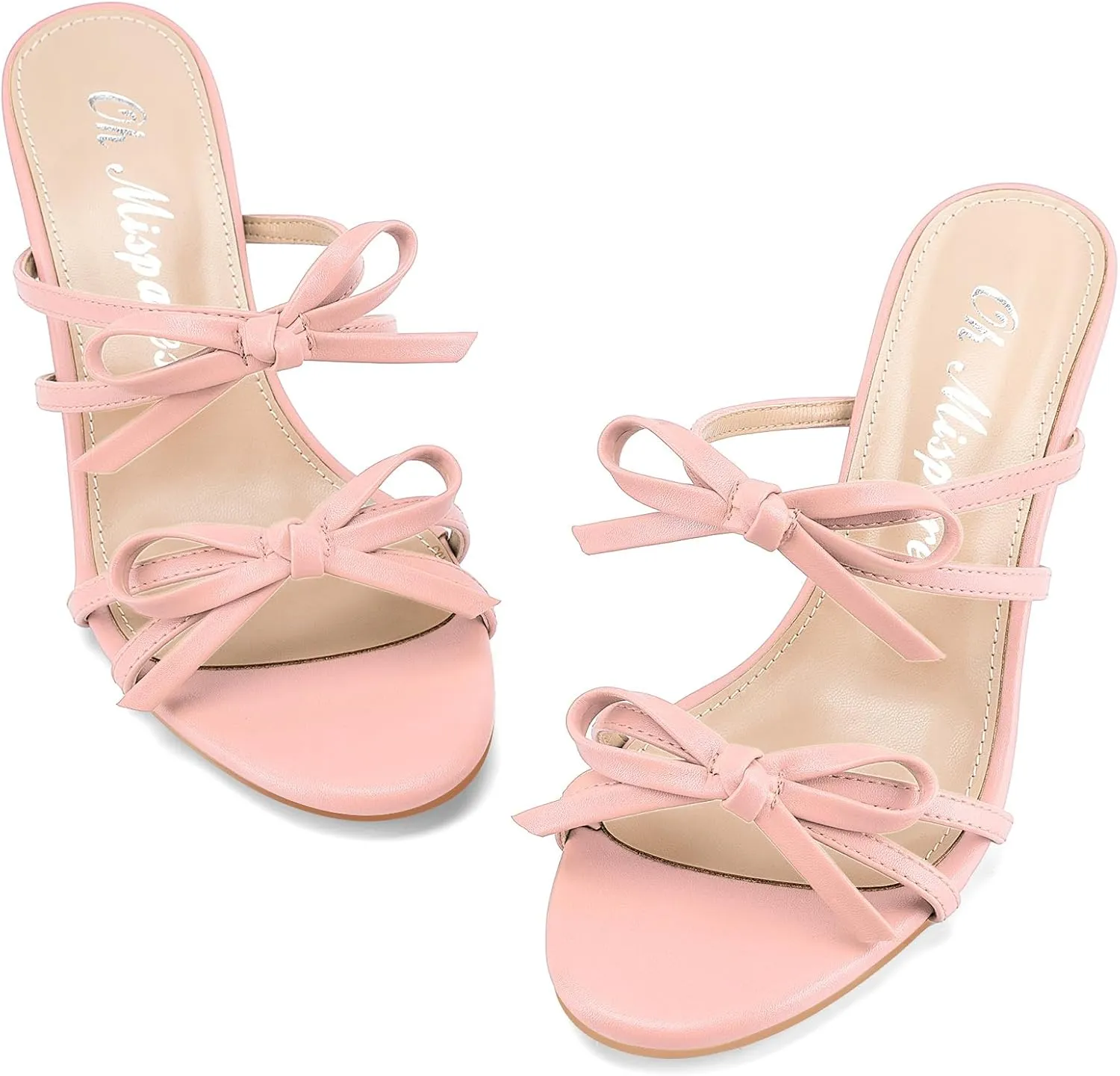 Oh Mispares Black Heels with Bow for Women Cute Sandals Round Open Toe Strappy Heeled Mules 2 Inch Elegant Heeled Stiletto Slides for Wedding Party Prom