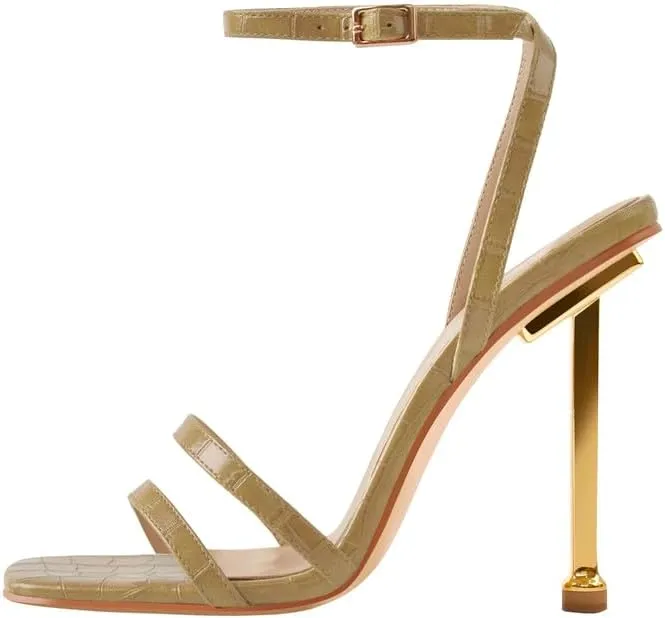 onlymaker Women's Fashion Square Toe Ankle Sandals Cross Buckle Strap Sexy Open-back Golden Stiletto High Heel Sandals